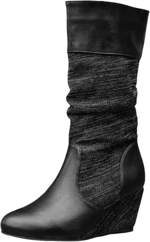 Boots for Women Platform Round Toe Wedge Retro Mid Calf Boots Solid Color Pleated Trendy Womens Boots