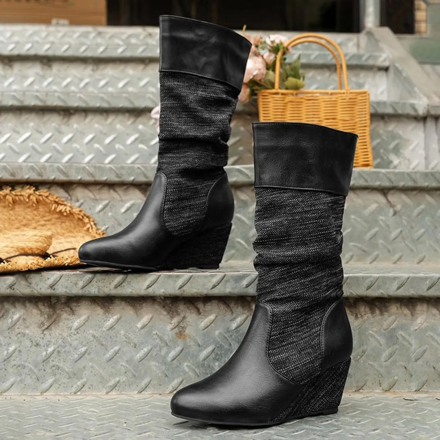 Boots for Women Platform Round Toe Wedge Retro Mid Calf Boots Solid Color Pleated Trendy Womens Boots