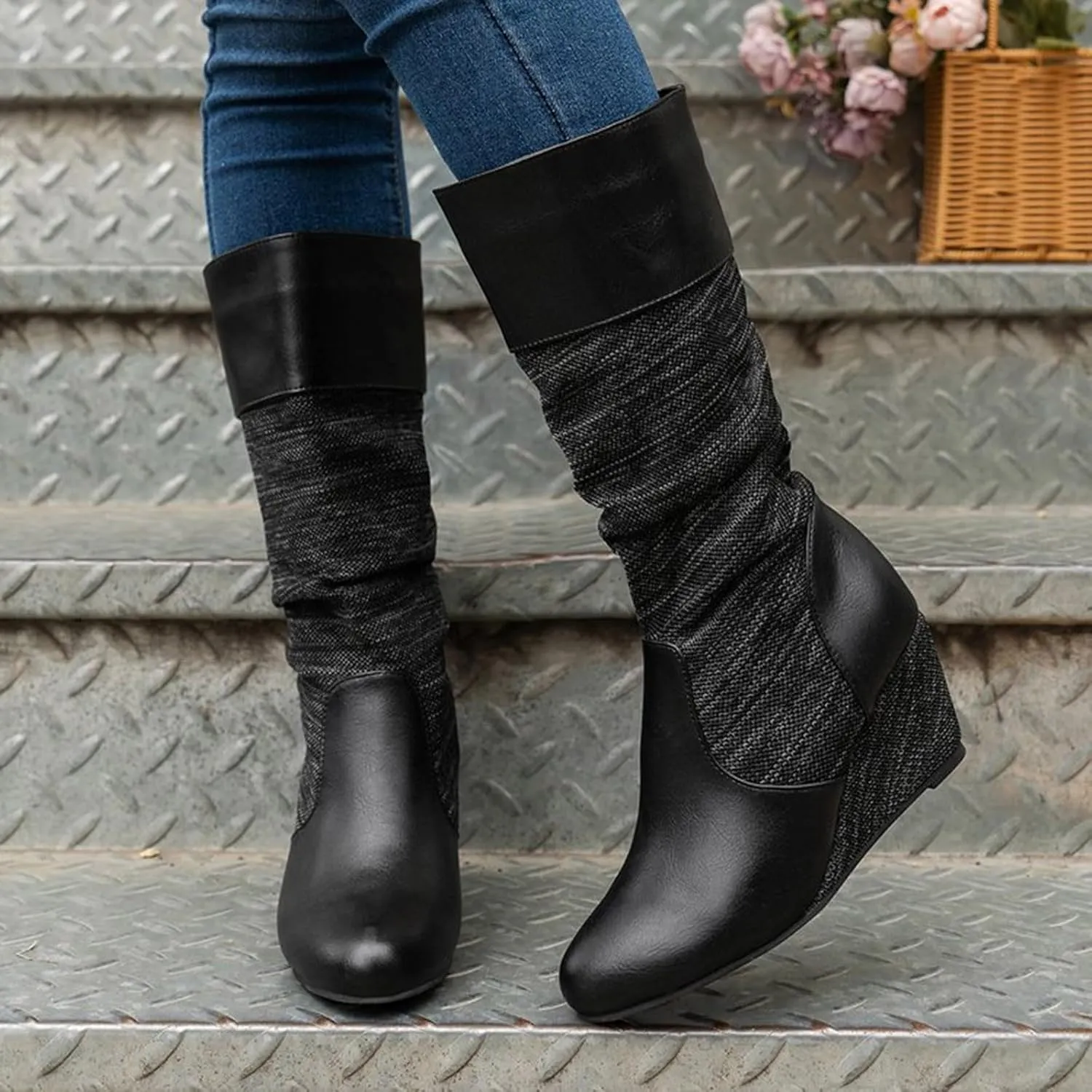 Boots for Women Platform Round Toe Wedge Retro Mid Calf Boots Solid Color Pleated Trendy Womens Boots