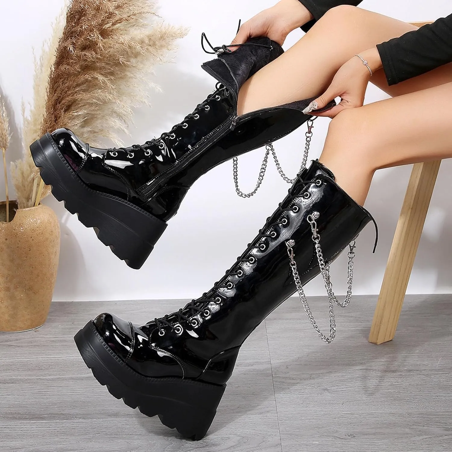 Boots for Women Platform Side Zipper Goth Knee High Boots Casual Trendy 2024 Punk Fashion Tall Motorcycle Boots