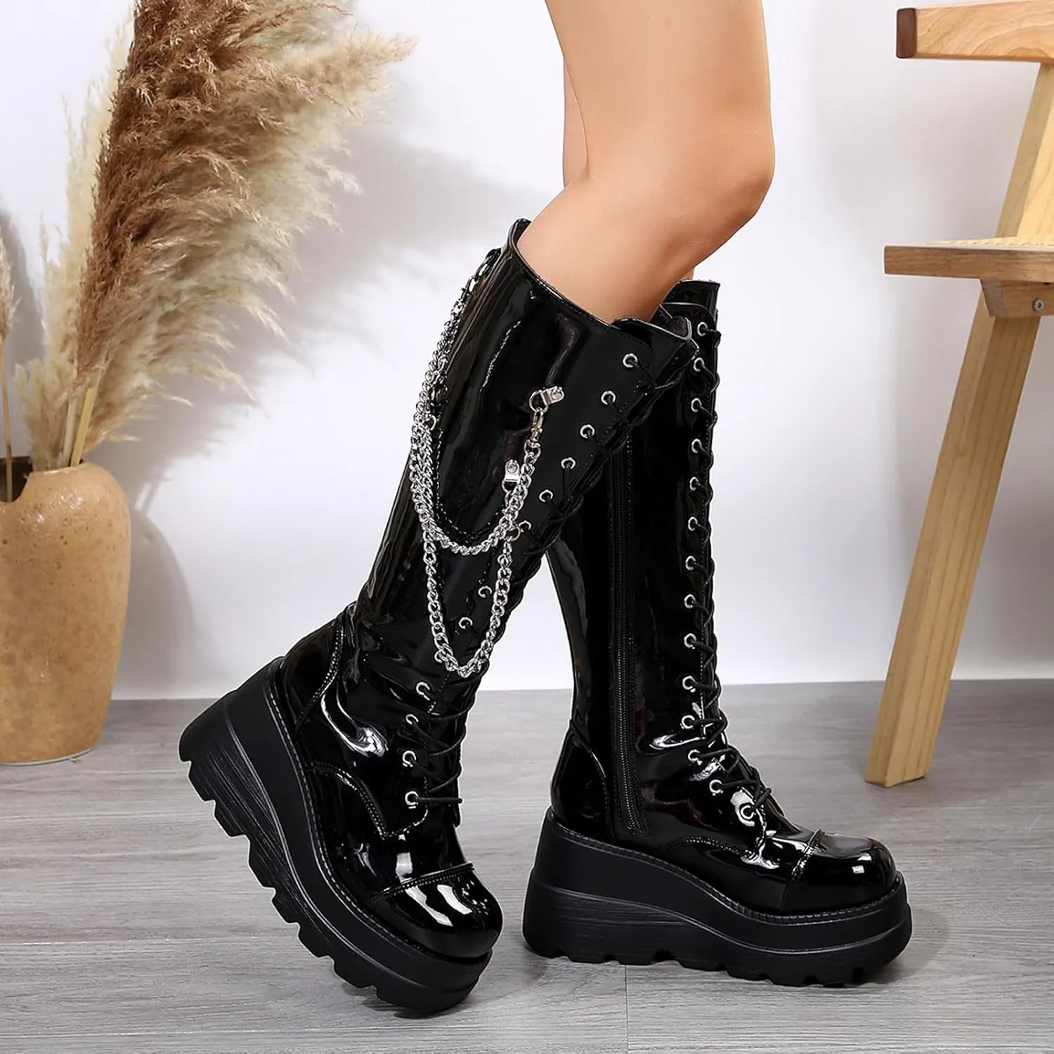 Boots for Women Platform Side Zipper Goth Knee High Boots Casual Trendy 2024 Punk Fashion Tall Motorcycle Boots