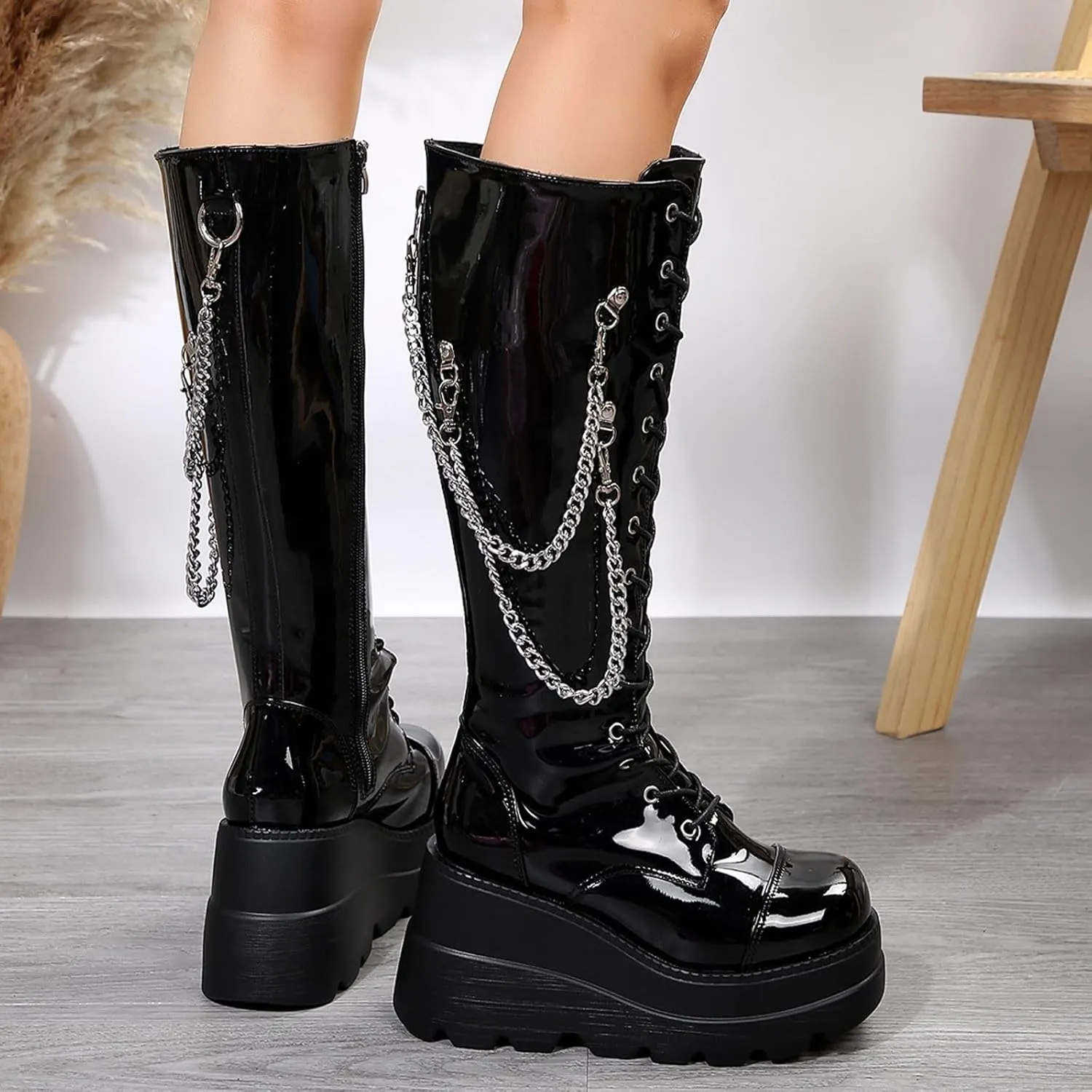 Boots for Women Platform Side Zipper Goth Knee High Boots Casual Trendy 2024 Punk Fashion Tall Motorcycle Boots