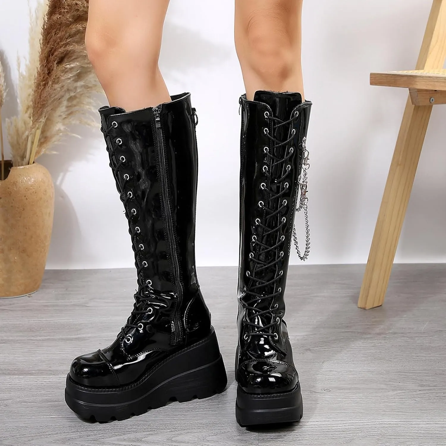 Boots for Women Platform Side Zipper Goth Knee High Boots Casual Trendy 2024 Punk Fashion Tall Motorcycle Boots