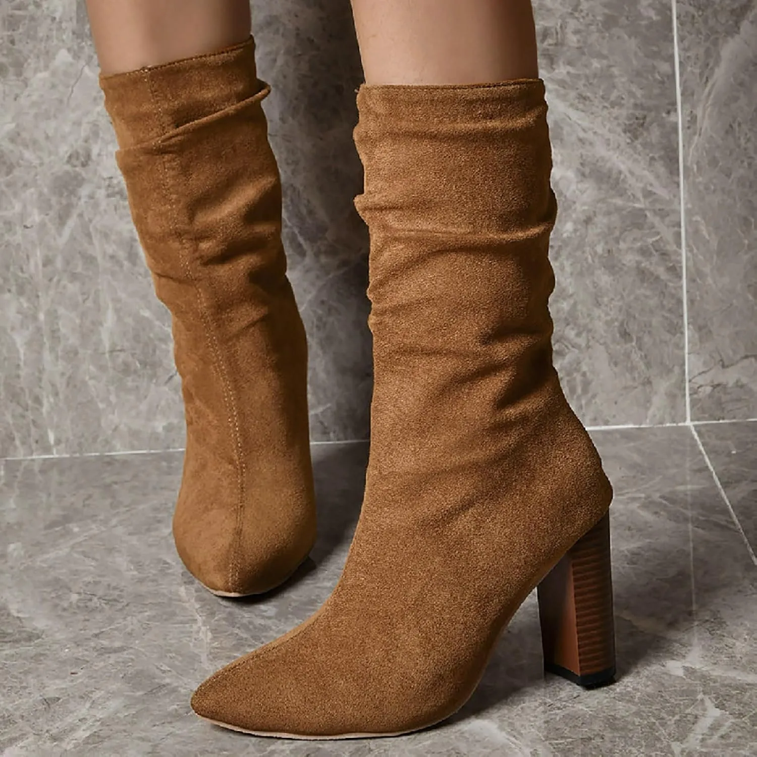 Boots for Women Pointed Toe Chunky Heel Dressy Mid Calf Boots Solid Color Pleated Comfortable Trendy Womens Boots