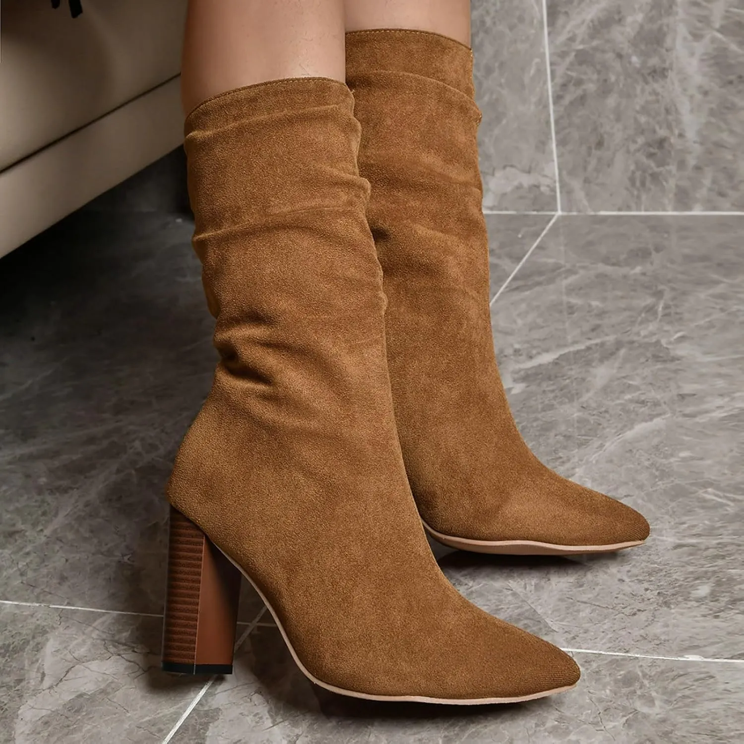 Boots for Women Pointed Toe Chunky Heel Dressy Mid Calf Boots Solid Color Pleated Comfortable Trendy Womens Boots