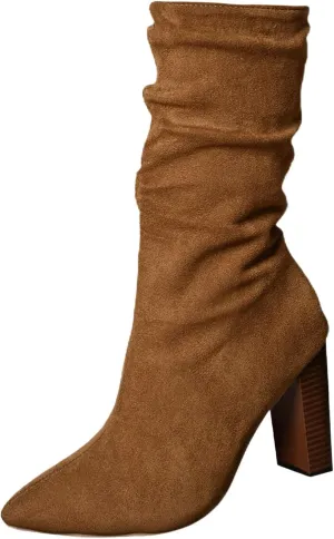 Boots for Women Pointed Toe Chunky Heel Dressy Mid Calf Boots Solid Color Pleated Comfortable Trendy Womens Boots