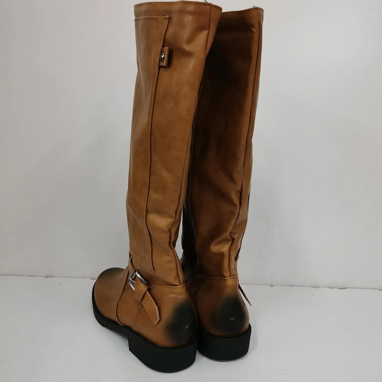 Boots for Women Round Toe Chunky Heel Zipper Mid Calf Boots Solid Color Buckle Strap Trendy Long Womens Boots