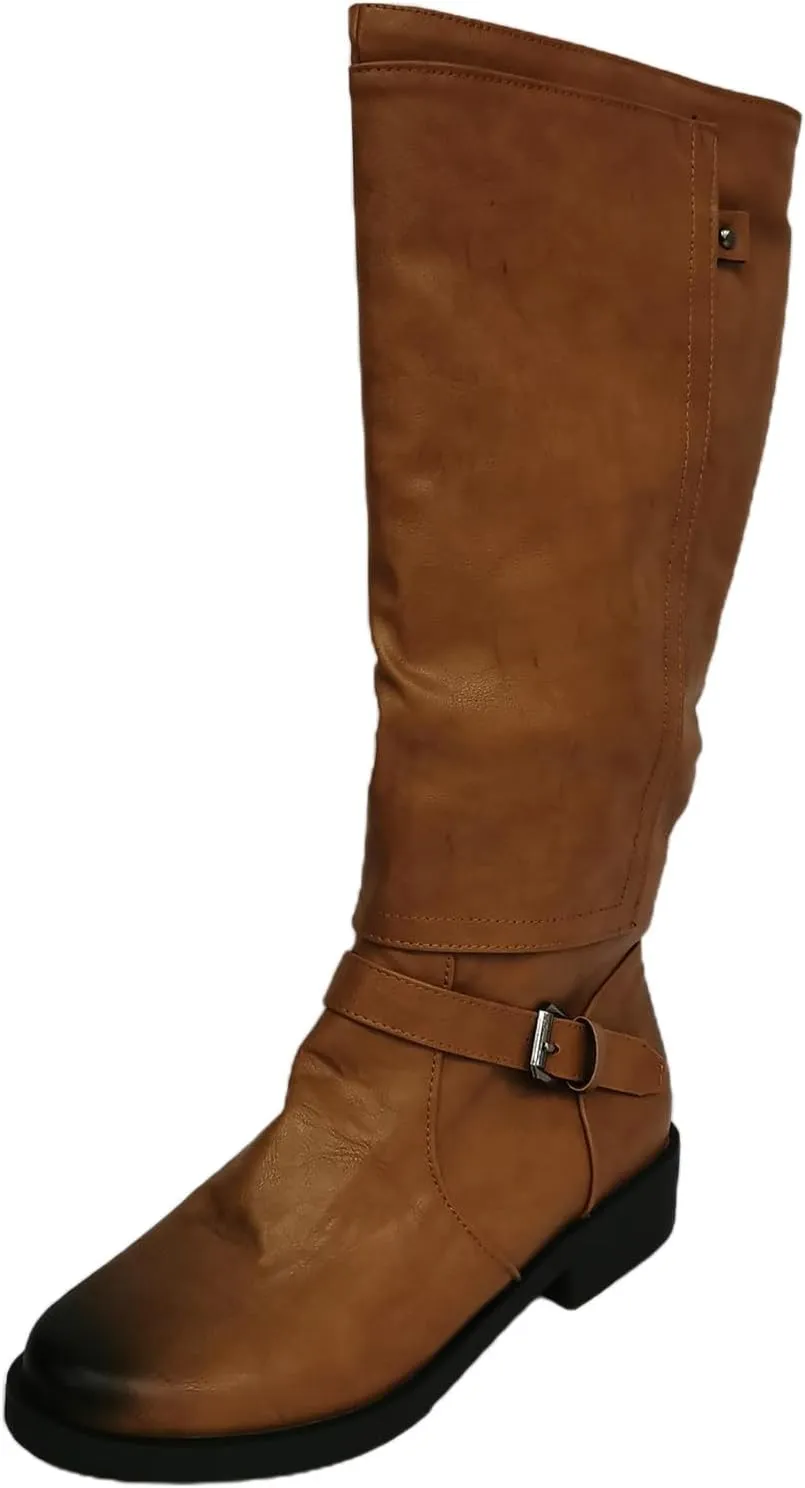 Boots for Women Round Toe Chunky Heel Zipper Mid Calf Boots Solid Color Buckle Strap Trendy Long Womens Boots