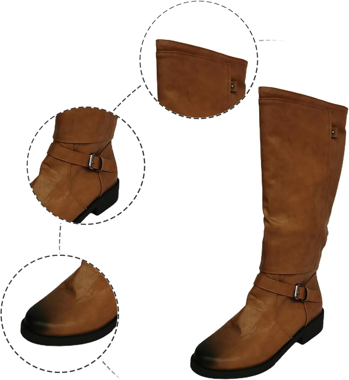 Boots for Women Round Toe Chunky Heel Zipper Mid Calf Boots Solid Color Buckle Strap Trendy Long Womens Boots