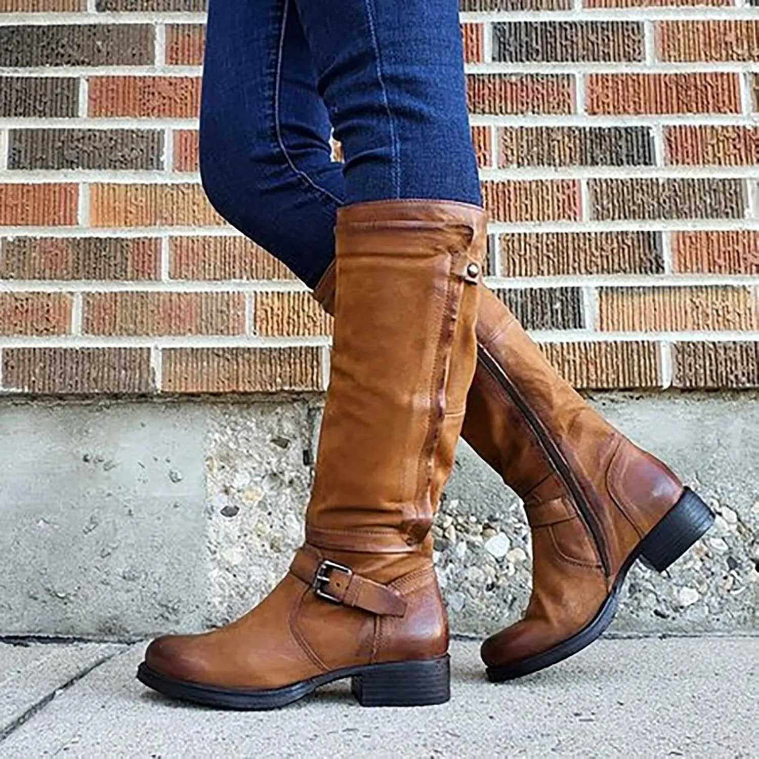 Boots for Women Round Toe Chunky Heel Zipper Mid Calf Boots Solid Color Buckle Strap Trendy Long Womens Boots