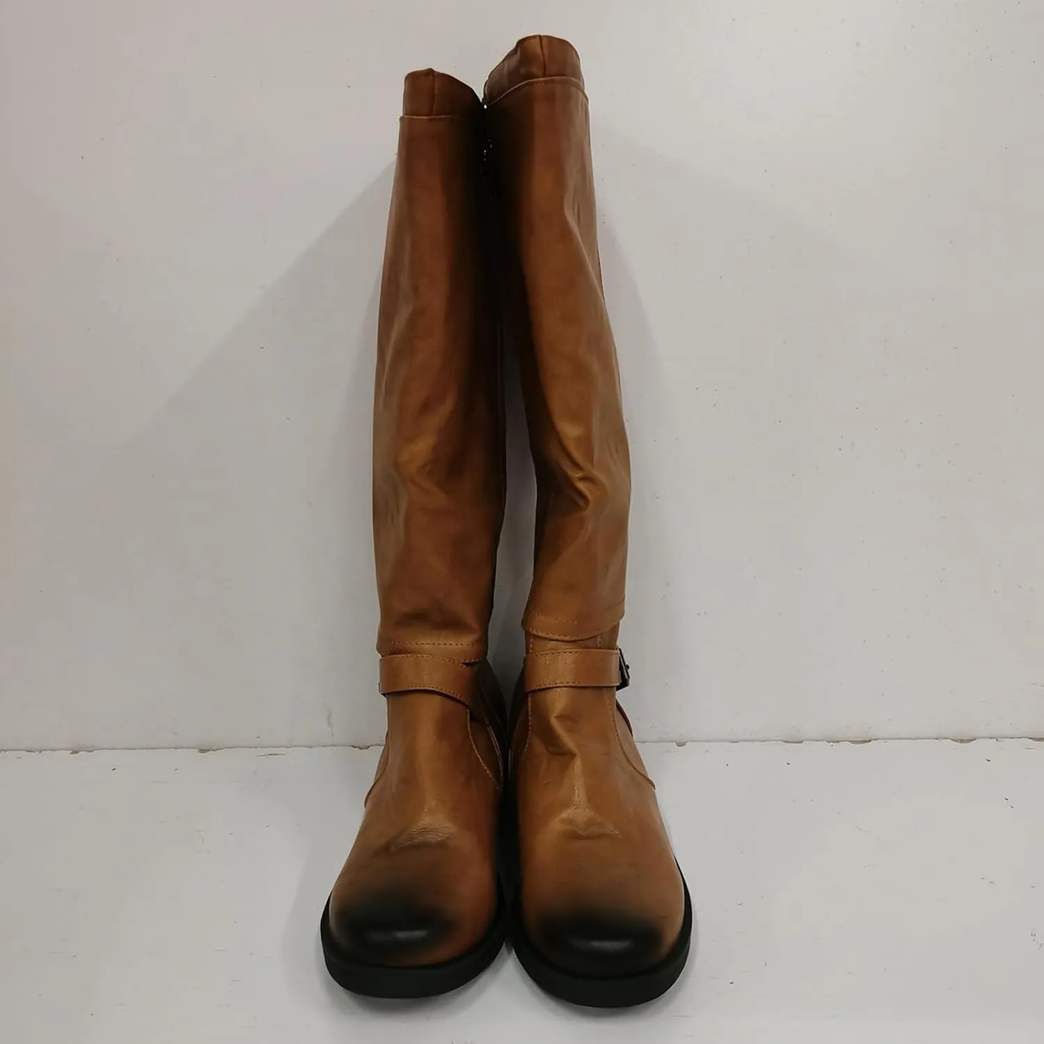 Boots for Women Round Toe Chunky Heel Zipper Mid Calf Boots Solid Color Buckle Strap Trendy Long Womens Boots