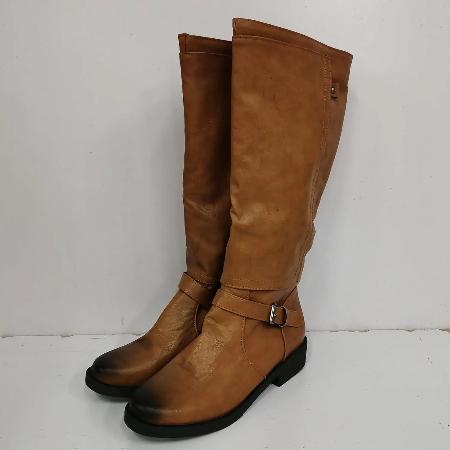 Boots for Women Round Toe Chunky Heel Zipper Mid Calf Boots Solid Color Buckle Strap Trendy Long Womens Boots