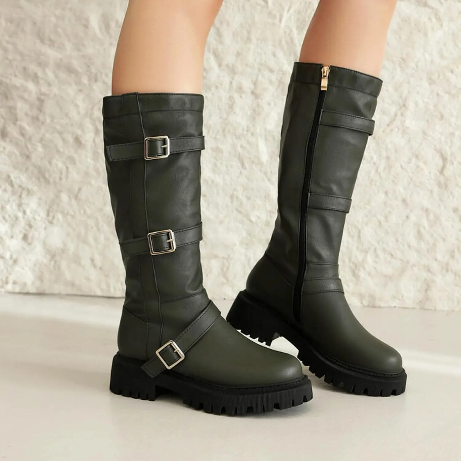 Boots for Women Round Toe Platform Knee High Boots Buckle Straps Solid Color Trendy Zipper Women Boots