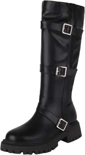 Boots for Women Round Toe Platform Knee High Boots Buckle Straps Solid Color Trendy Zipper Women Boots