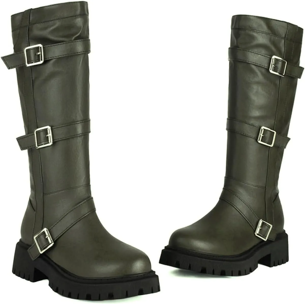 Boots for Women Round Toe Platform Knee High Boots Buckle Straps Solid Color Trendy Zipper Women Boots
