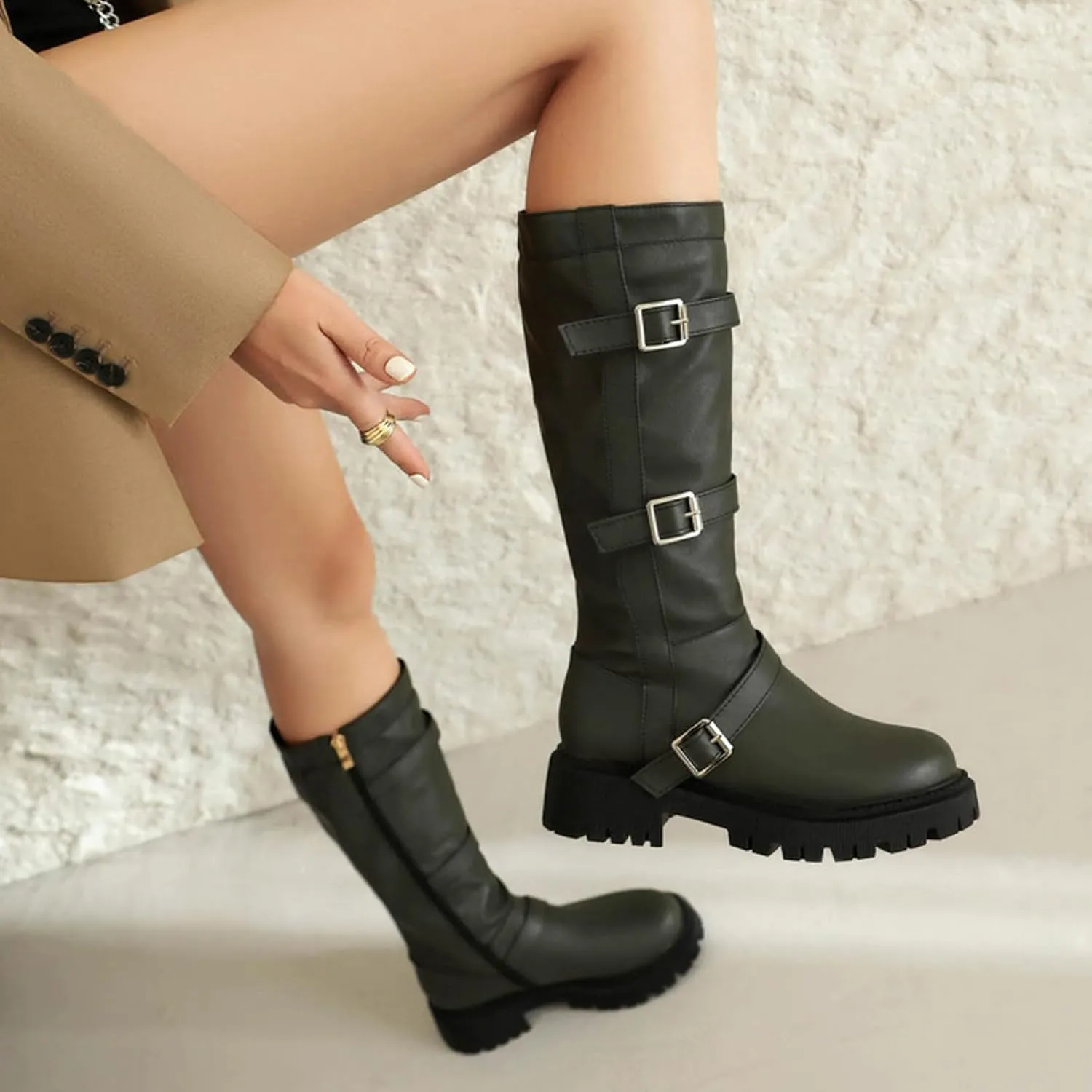 Boots for Women Round Toe Platform Knee High Boots Buckle Straps Solid Color Trendy Zipper Women Boots
