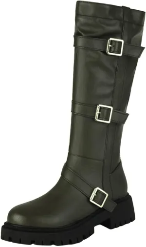 Boots for Women Round Toe Platform Knee High Boots Buckle Straps Solid Color Trendy Zipper Women Boots