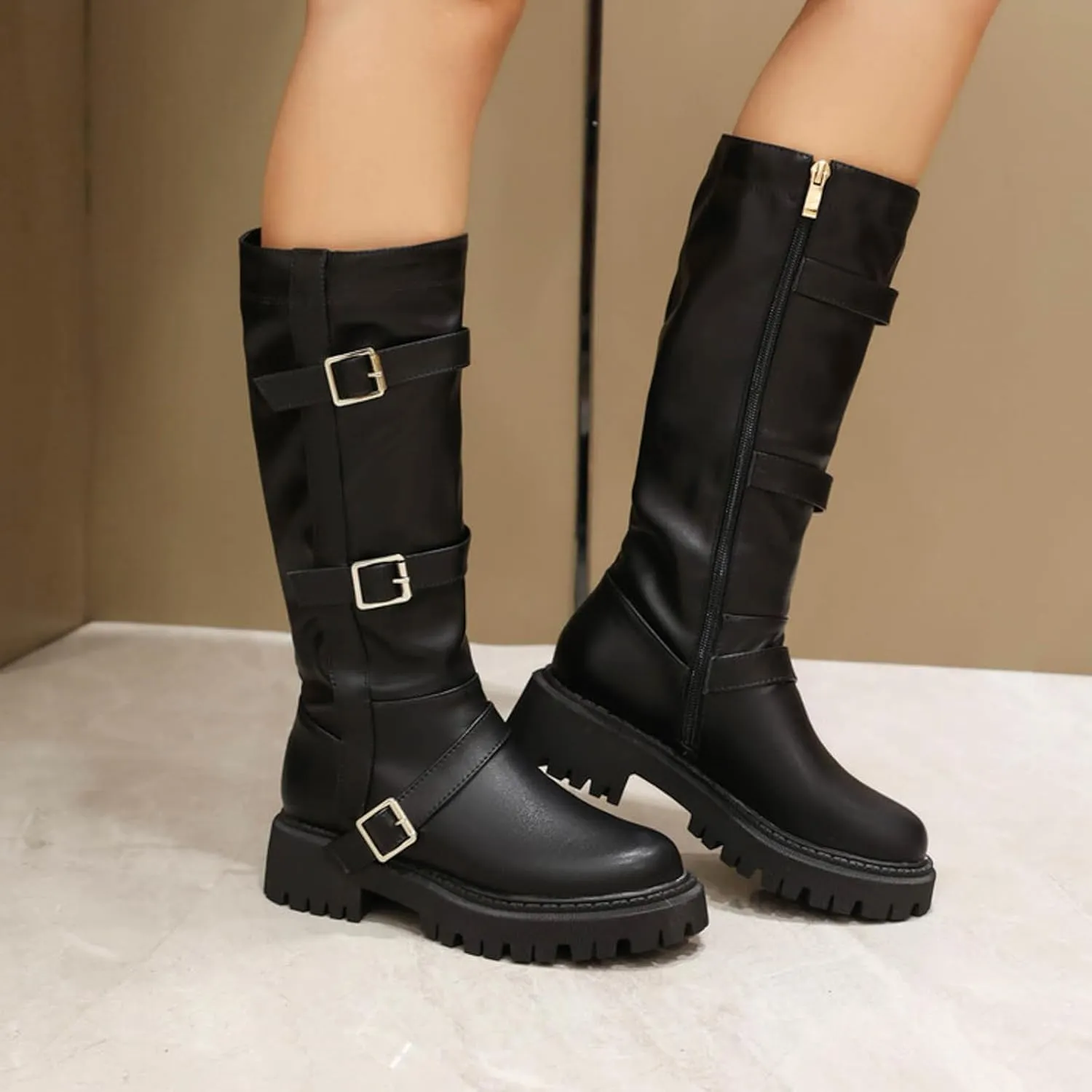 Boots for Women Round Toe Platform Knee High Boots Buckle Straps Solid Color Trendy Zipper Women Boots