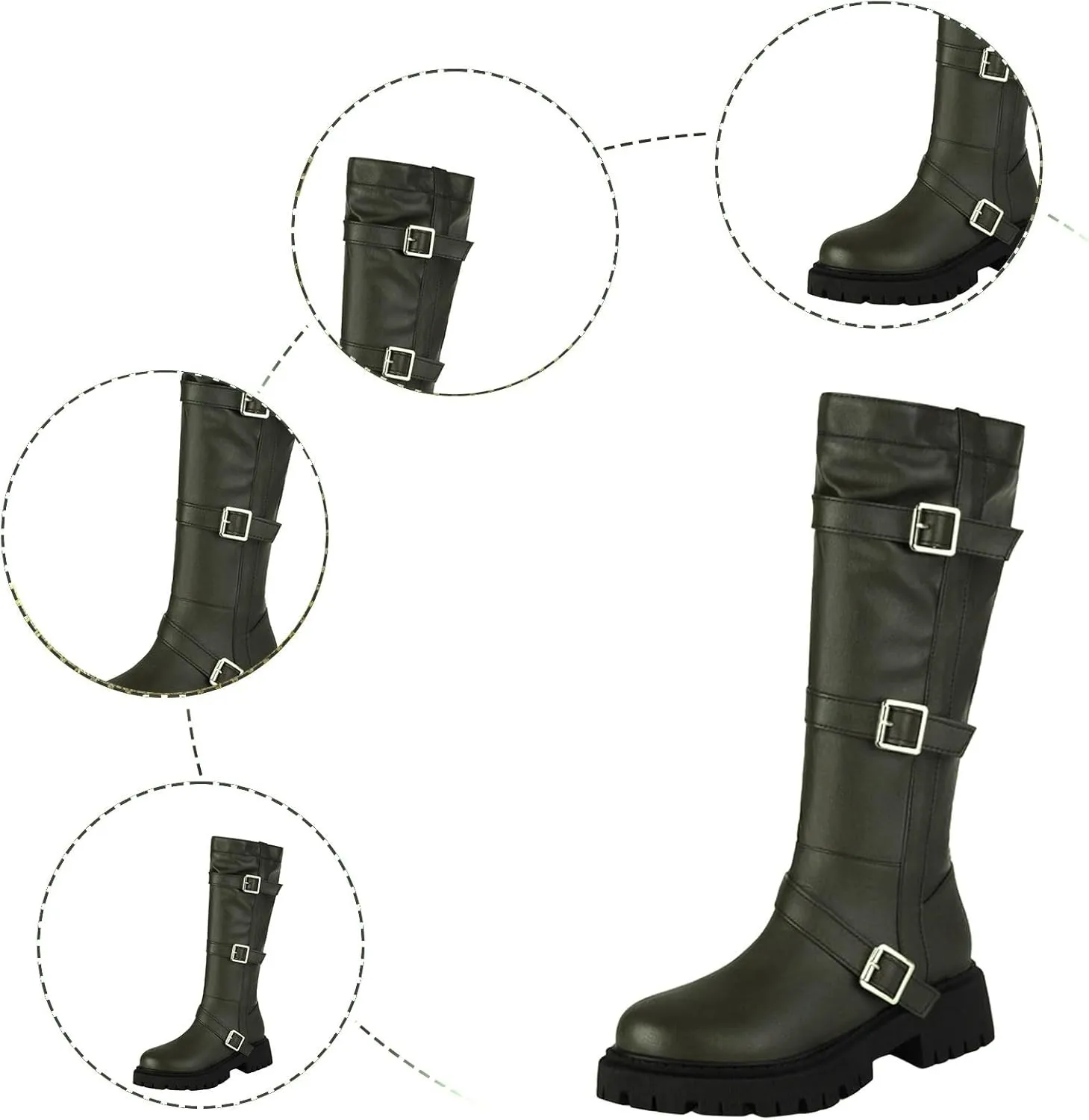Boots for Women Round Toe Platform Knee High Boots Buckle Straps Solid Color Trendy Zipper Women Boots