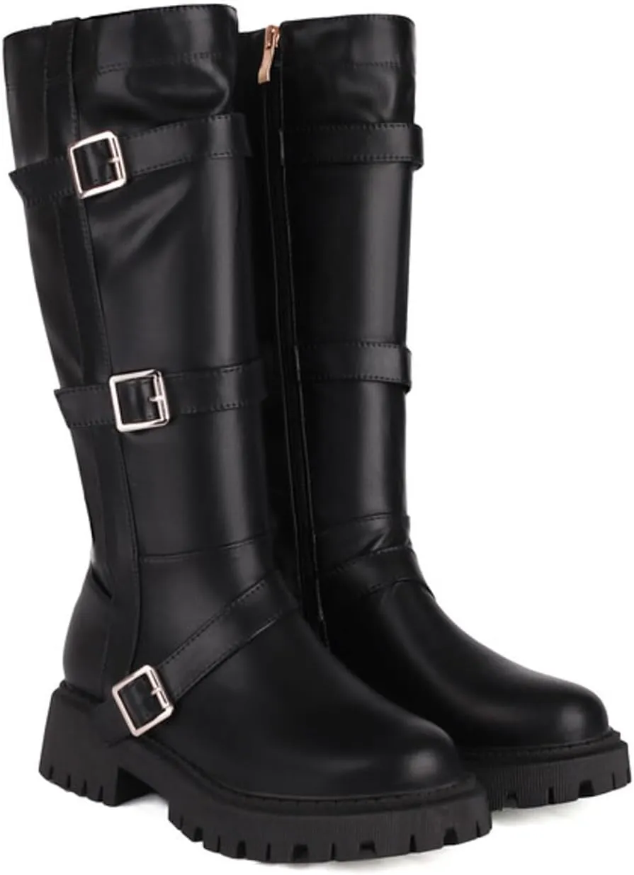 Boots for Women Round Toe Platform Knee High Boots Buckle Straps Solid Color Trendy Zipper Women Boots