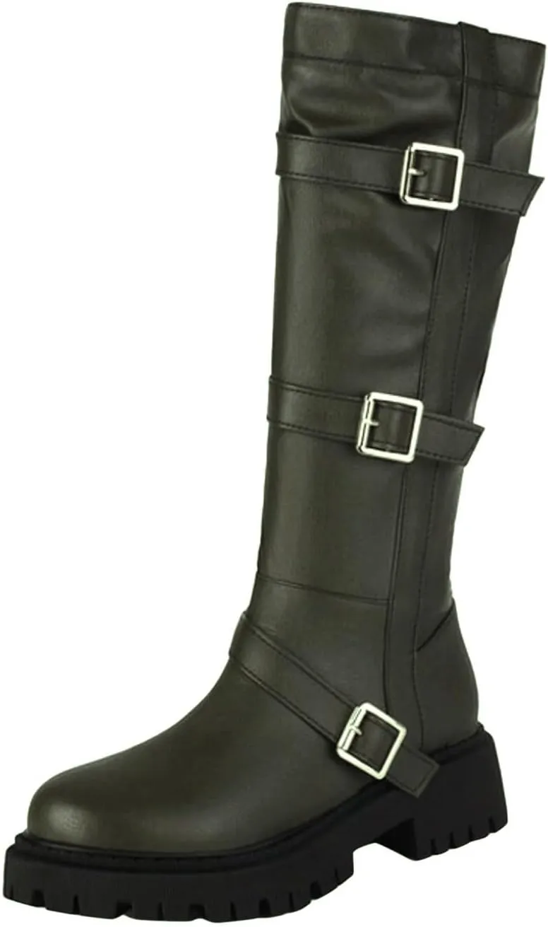Boots for Women Round Toe Platform Knee High Boots Buckle Straps Solid Color Trendy Zipper Women Boots
