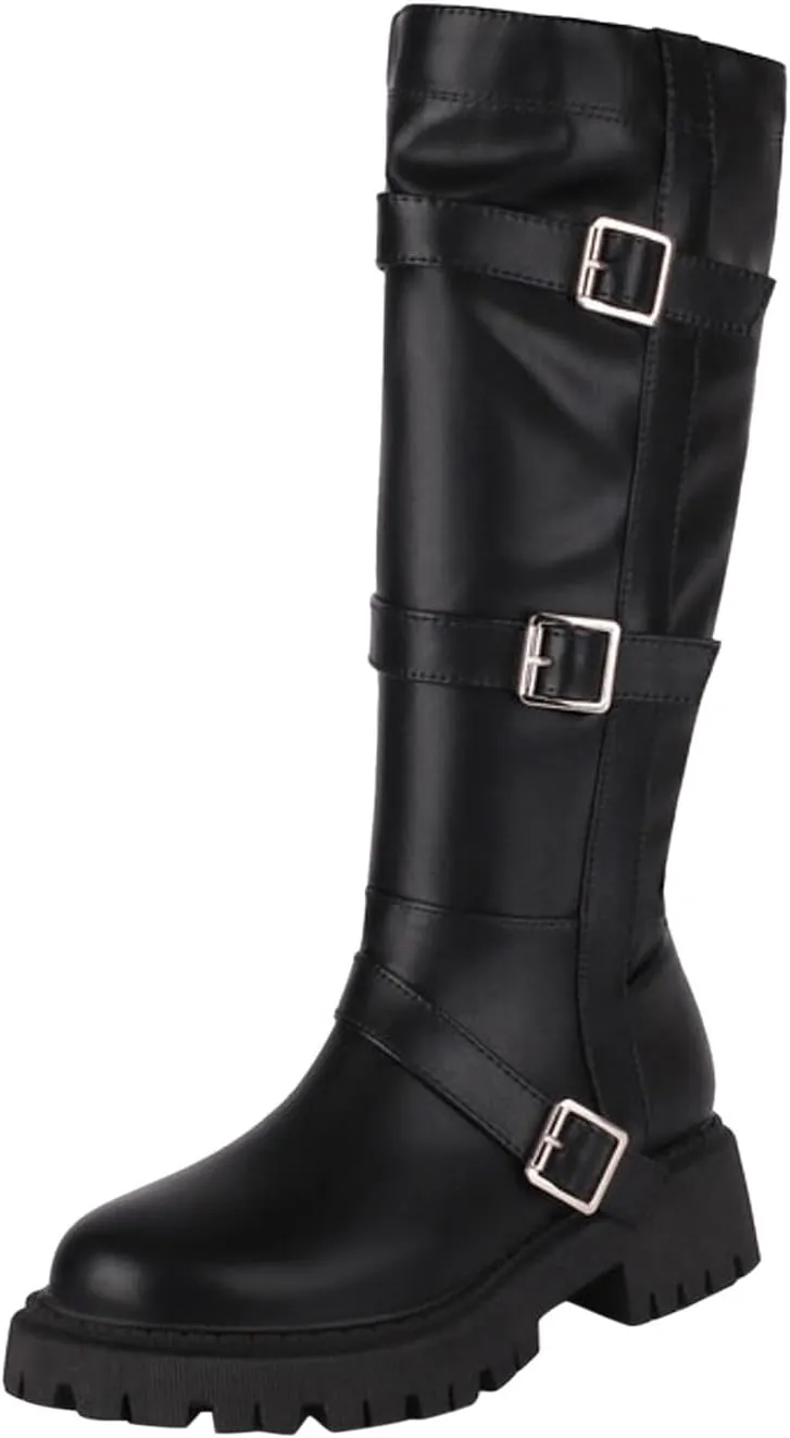 Boots for Women Round Toe Platform Knee High Boots Buckle Straps Solid Color Trendy Zipper Women Boots