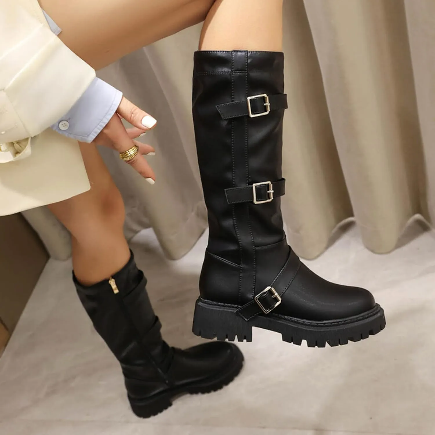 Boots for Women Round Toe Platform Knee High Boots Buckle Straps Solid Color Trendy Zipper Women Boots