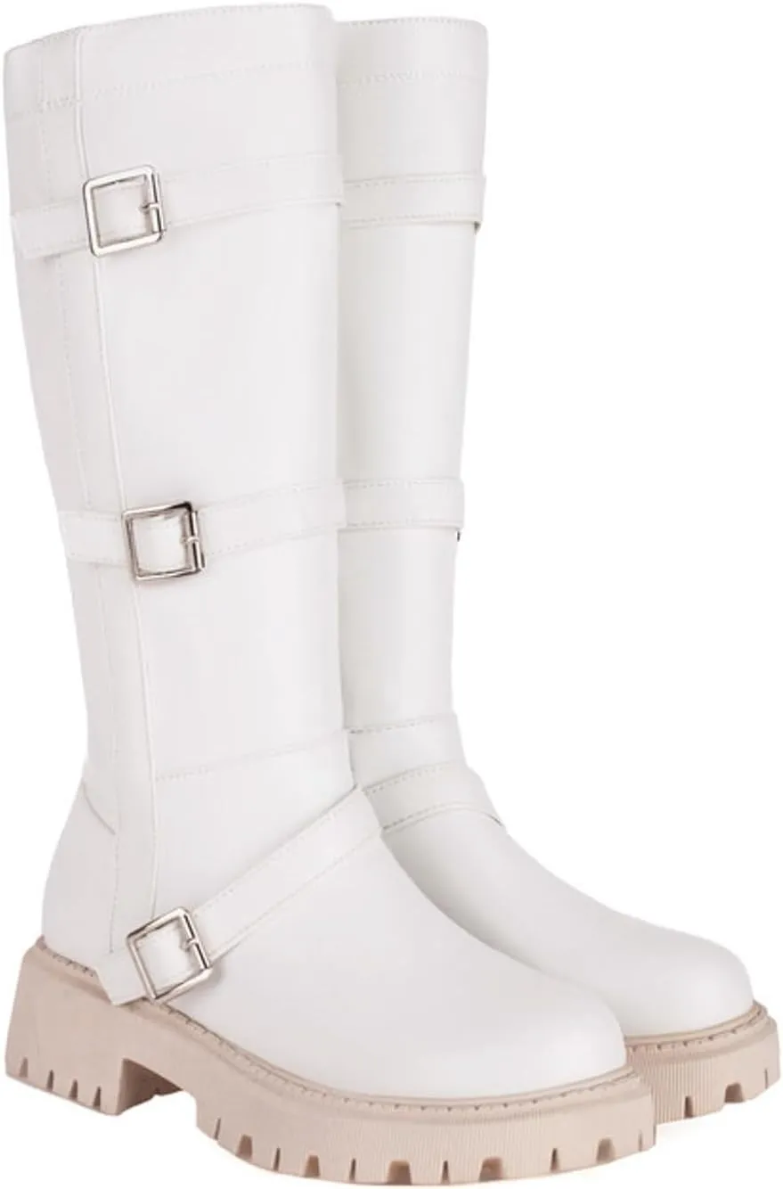 Boots for Women Round Toe Platform Knee High Boots Buckle Straps Solid Color Trendy Zipper Women Boots
