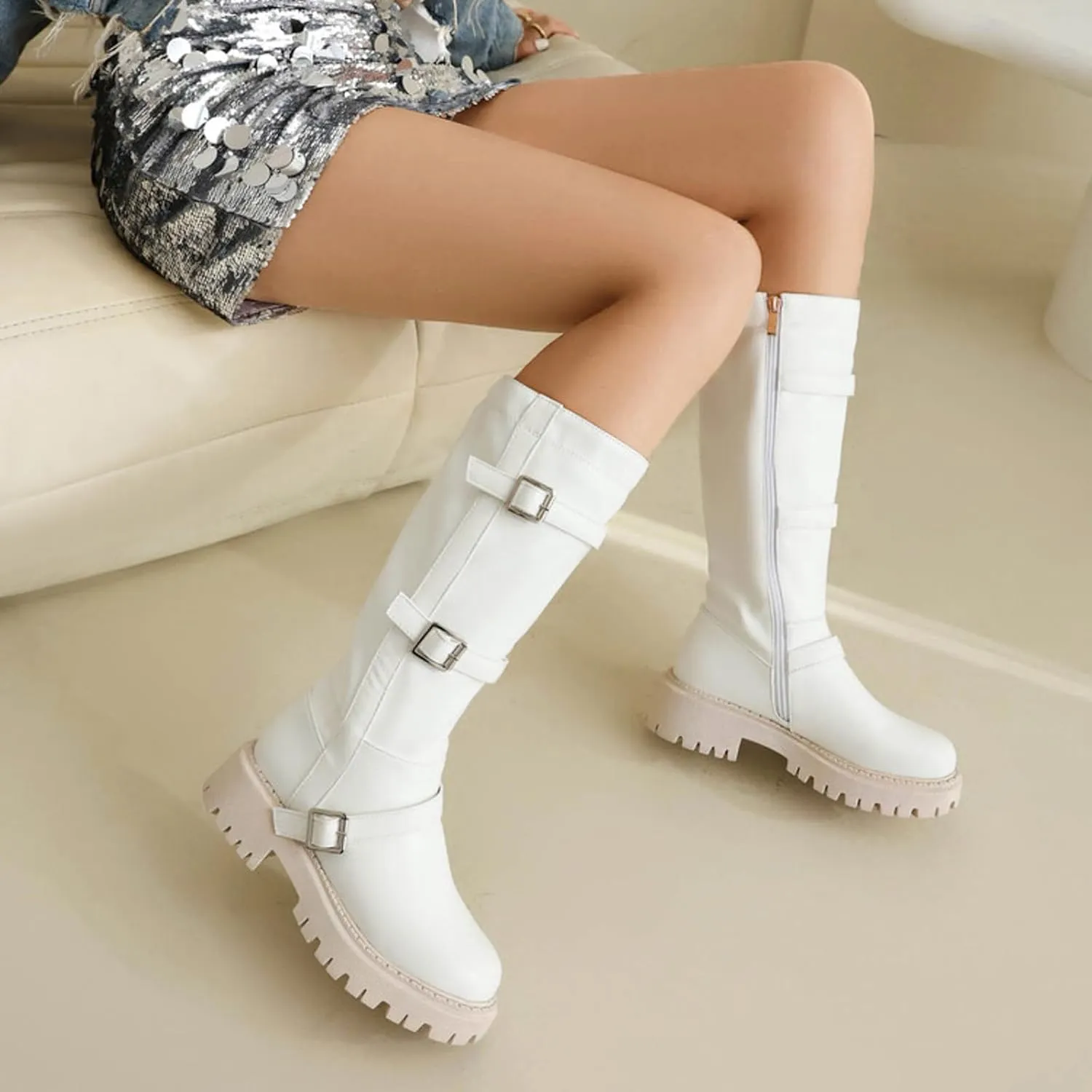 Boots for Women Round Toe Platform Knee High Boots Buckle Straps Solid Color Trendy Zipper Women Boots