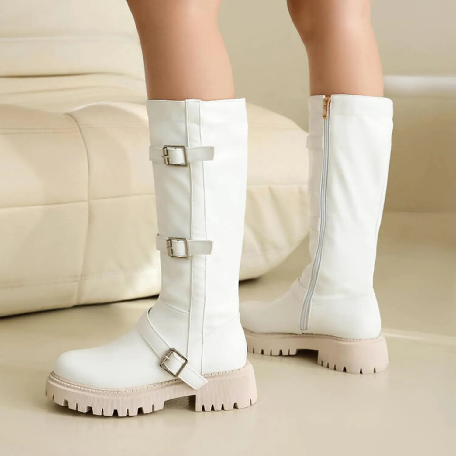 Boots for Women Round Toe Platform Knee High Boots Buckle Straps Solid Color Trendy Zipper Women Boots