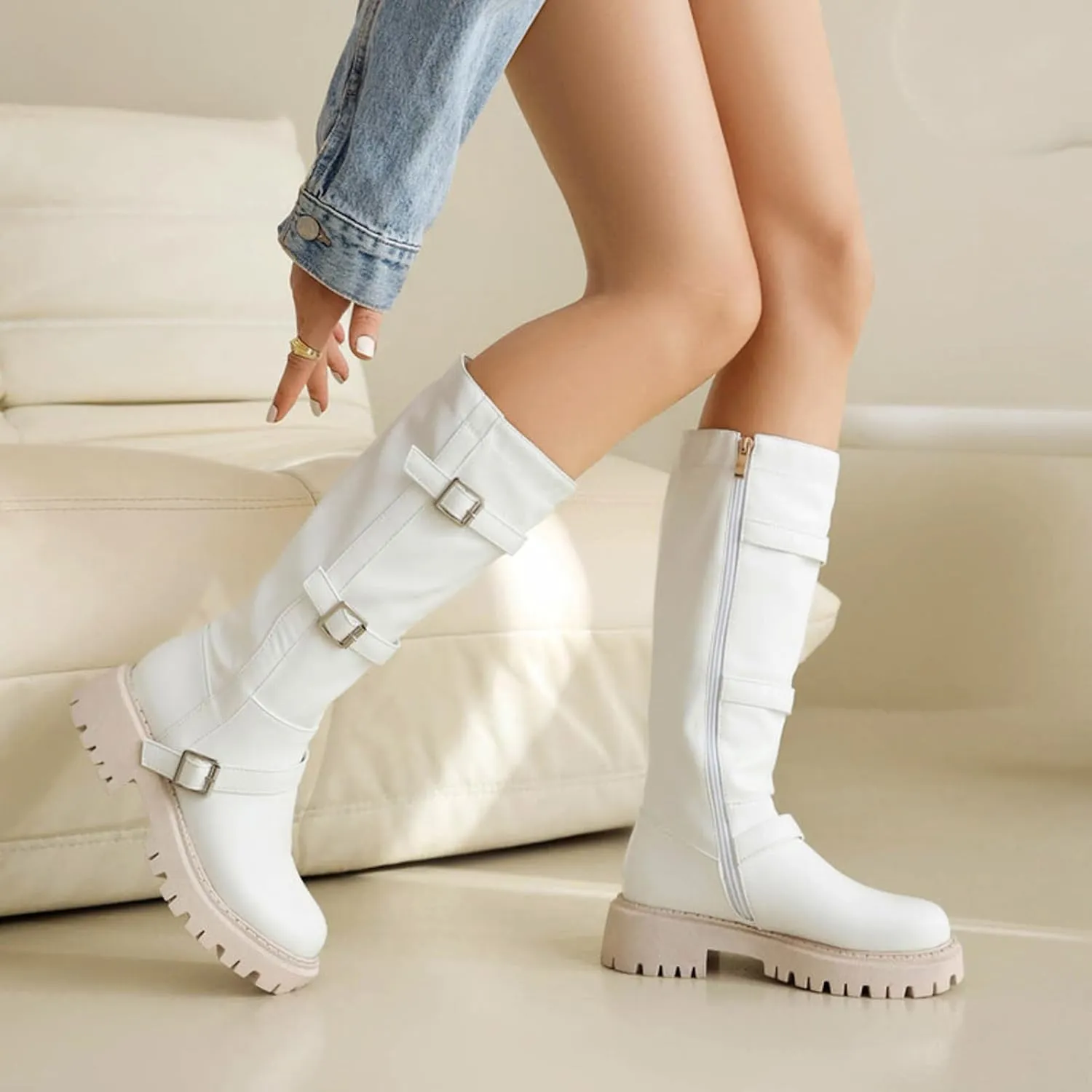Boots for Women Round Toe Platform Knee High Boots Buckle Straps Solid Color Trendy Zipper Women Boots