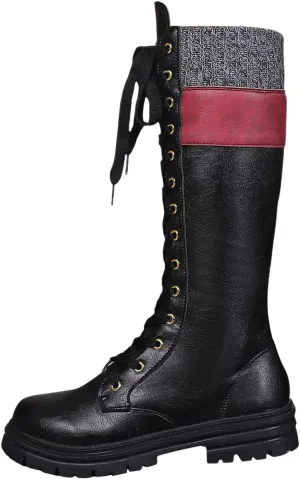 Boots for Women Vintage Warm Comfortable Color Block Snow Boots Lug Sole Platform Trendy Winter Mid Calf Boots