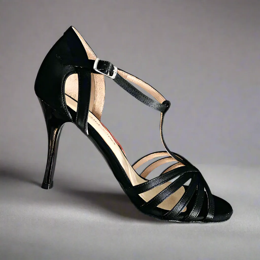 Camel - Black Leather T-strap Tango Shoes