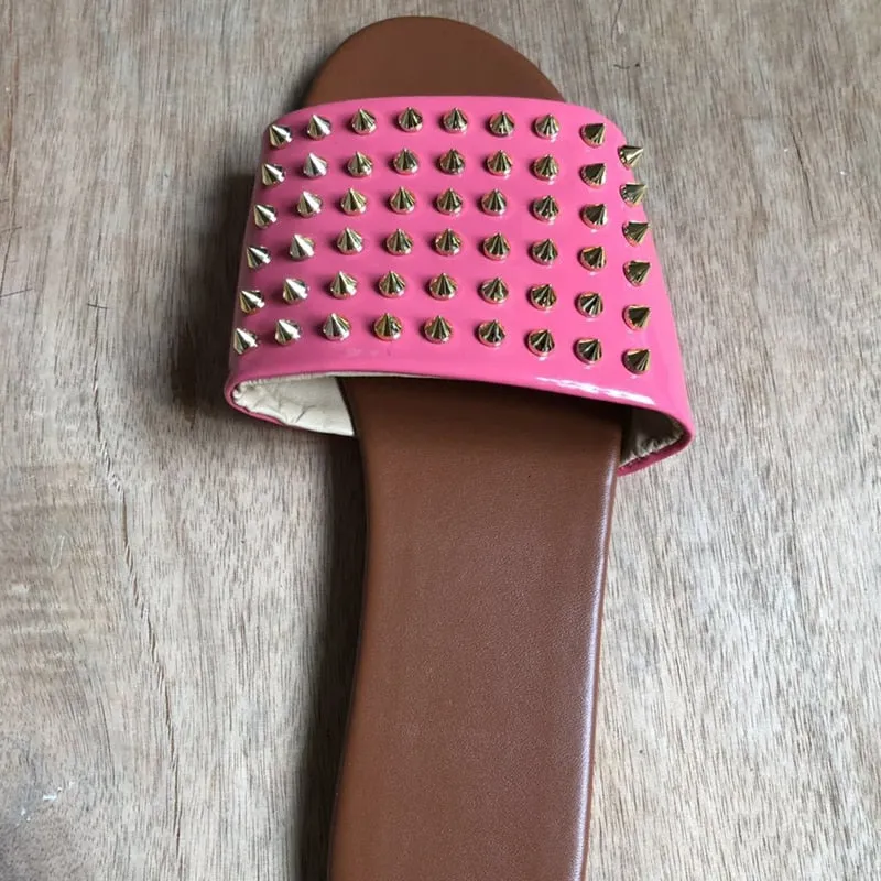 Candy Color Leather Flat Rivet Slippers