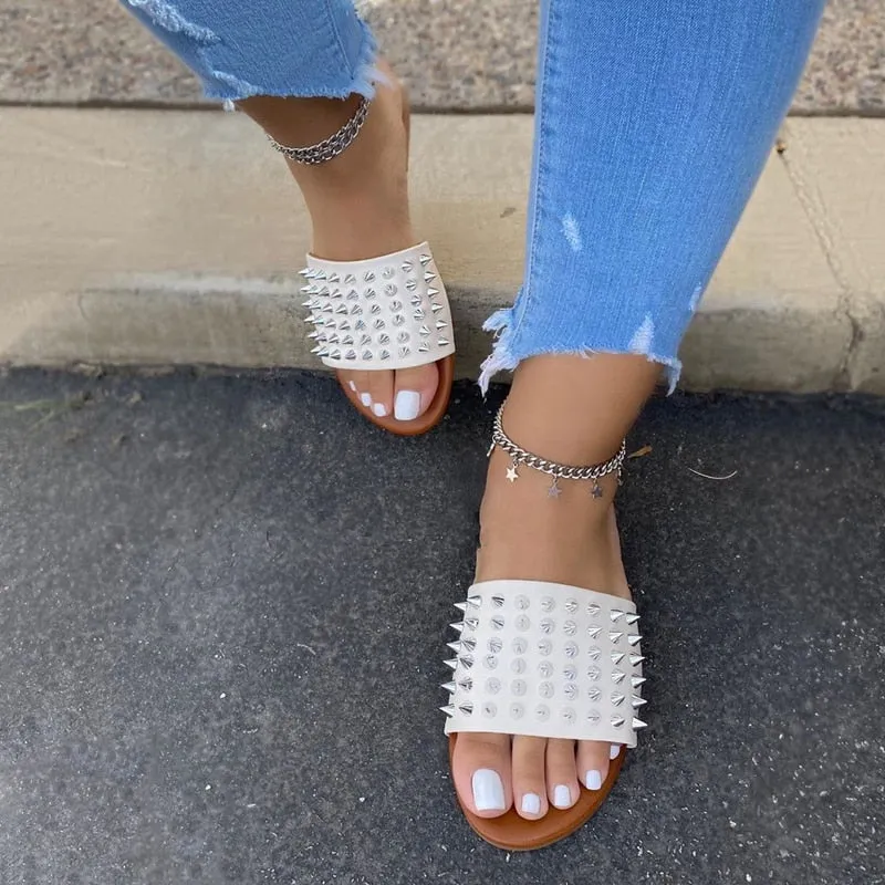 Candy Color Leather Flat Rivet Slippers