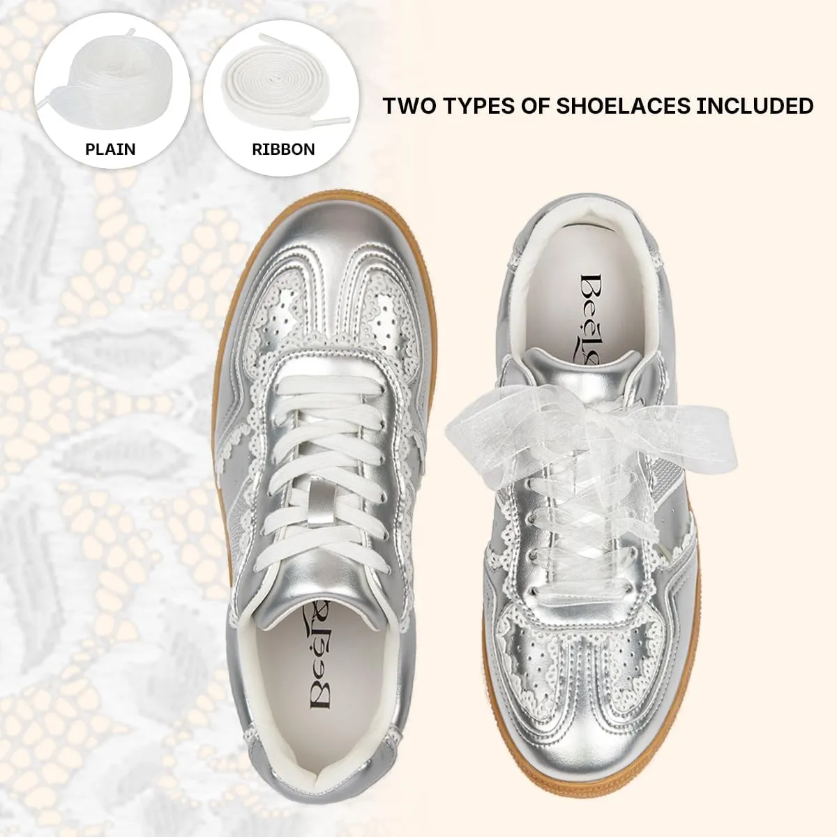 Casual Sneakers for Women Lace Detail  Elegant Ribbon Lace-Up Fashion Sneakers with Leather Upper Memory Foam Insole and Slip On Trendy Casual Shoes for Women