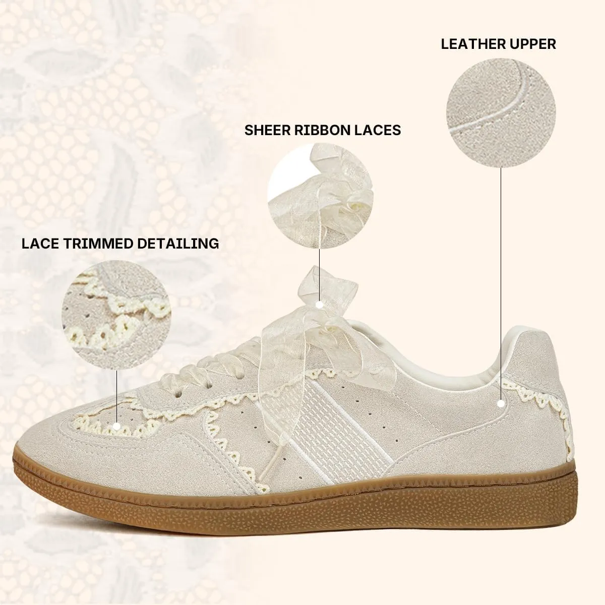 Casual Sneakers for Women Lace Detail  Elegant Ribbon Lace-Up Fashion Sneakers with Leather Upper Memory Foam Insole and Slip On Trendy Casual Shoes for Women