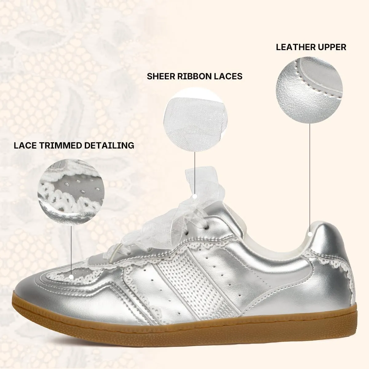 Casual Sneakers for Women Lace Detail  Elegant Ribbon Lace-Up Fashion Sneakers with Leather Upper Memory Foam Insole and Slip On Trendy Casual Shoes for Women