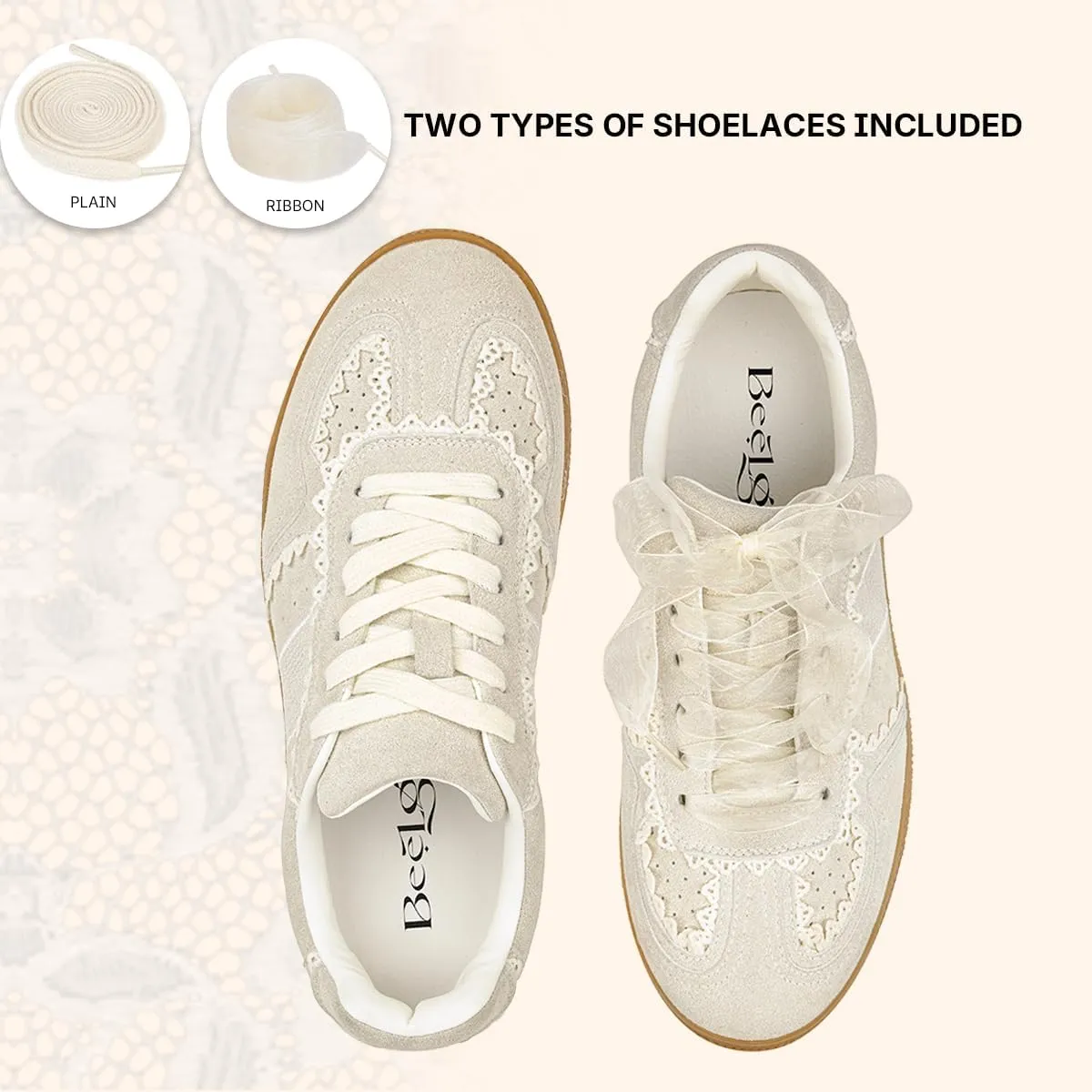 Casual Sneakers for Women Lace Detail  Elegant Ribbon Lace-Up Fashion Sneakers with Leather Upper Memory Foam Insole and Slip On Trendy Casual Shoes for Women