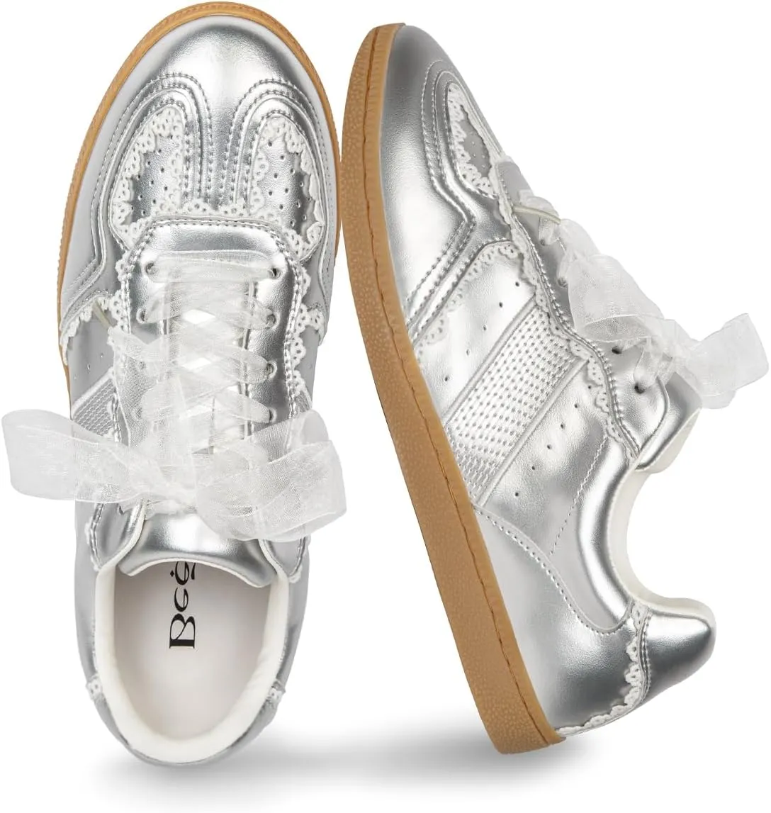 Casual Sneakers for Women Lace Detail  Elegant Ribbon Lace-Up Fashion Sneakers with Leather Upper Memory Foam Insole and Slip On Trendy Casual Shoes for Women