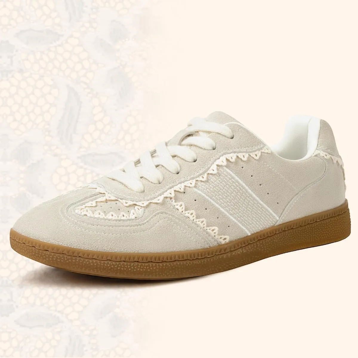 Casual Sneakers for Women Lace Detail  Elegant Ribbon Lace-Up Fashion Sneakers with Leather Upper Memory Foam Insole and Slip On Trendy Casual Shoes for Women