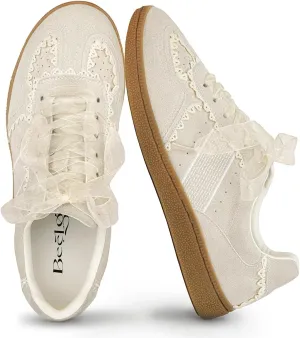 Casual Sneakers for Women Lace Detail  Elegant Ribbon Lace-Up Fashion Sneakers with Leather Upper Memory Foam Insole and Slip On Trendy Casual Shoes for Women