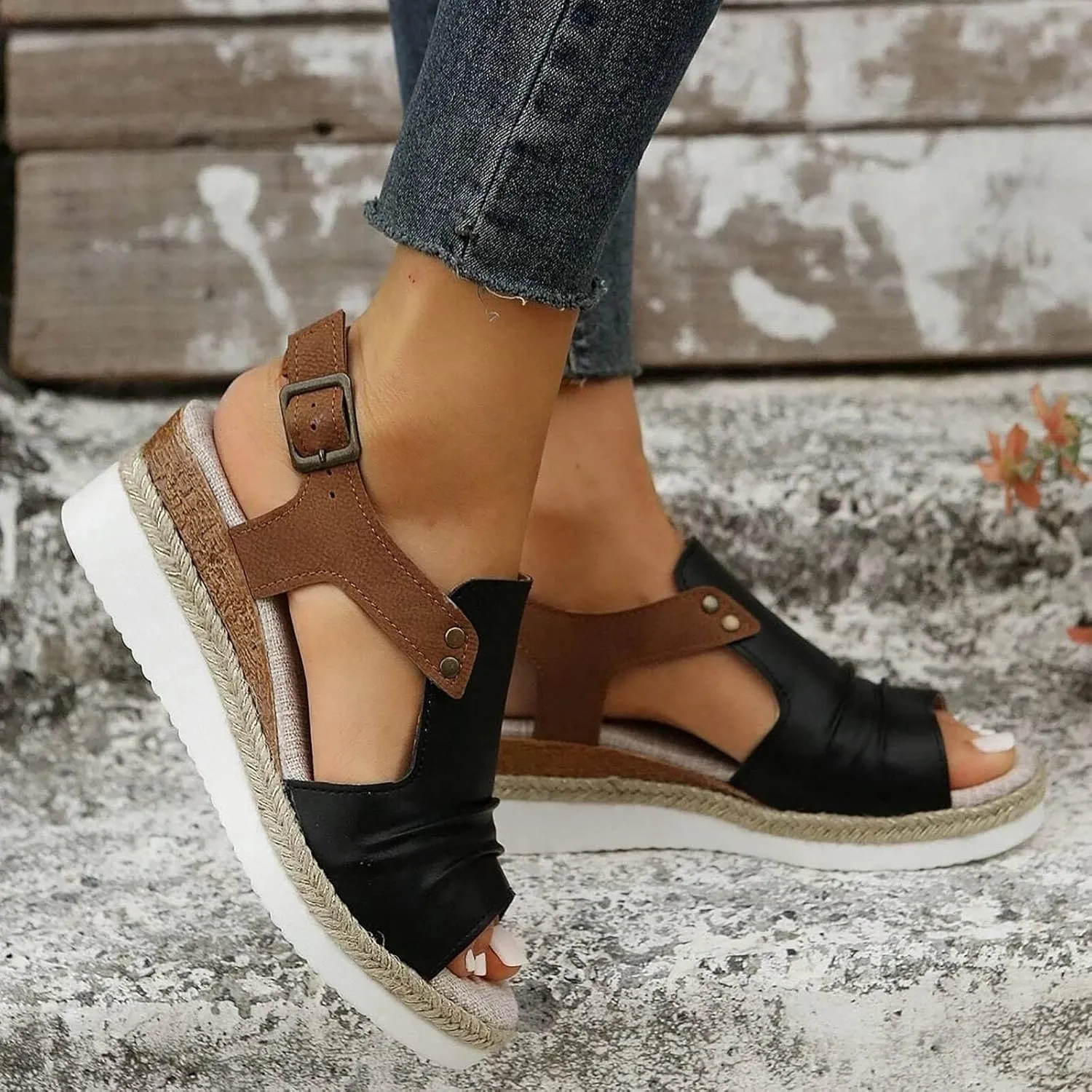Cathalem Sandals Women Orthopedic Flat Open Toe Ankle Strap Espadrilles Sandals Casual Strappy Slip on Sandals Boho Sandals