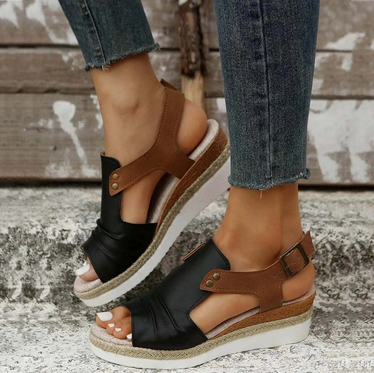 Cathalem Sandals Women Orthopedic Flat Open Toe Ankle Strap Espadrilles Sandals Casual Strappy Slip on Sandals Boho Sandals