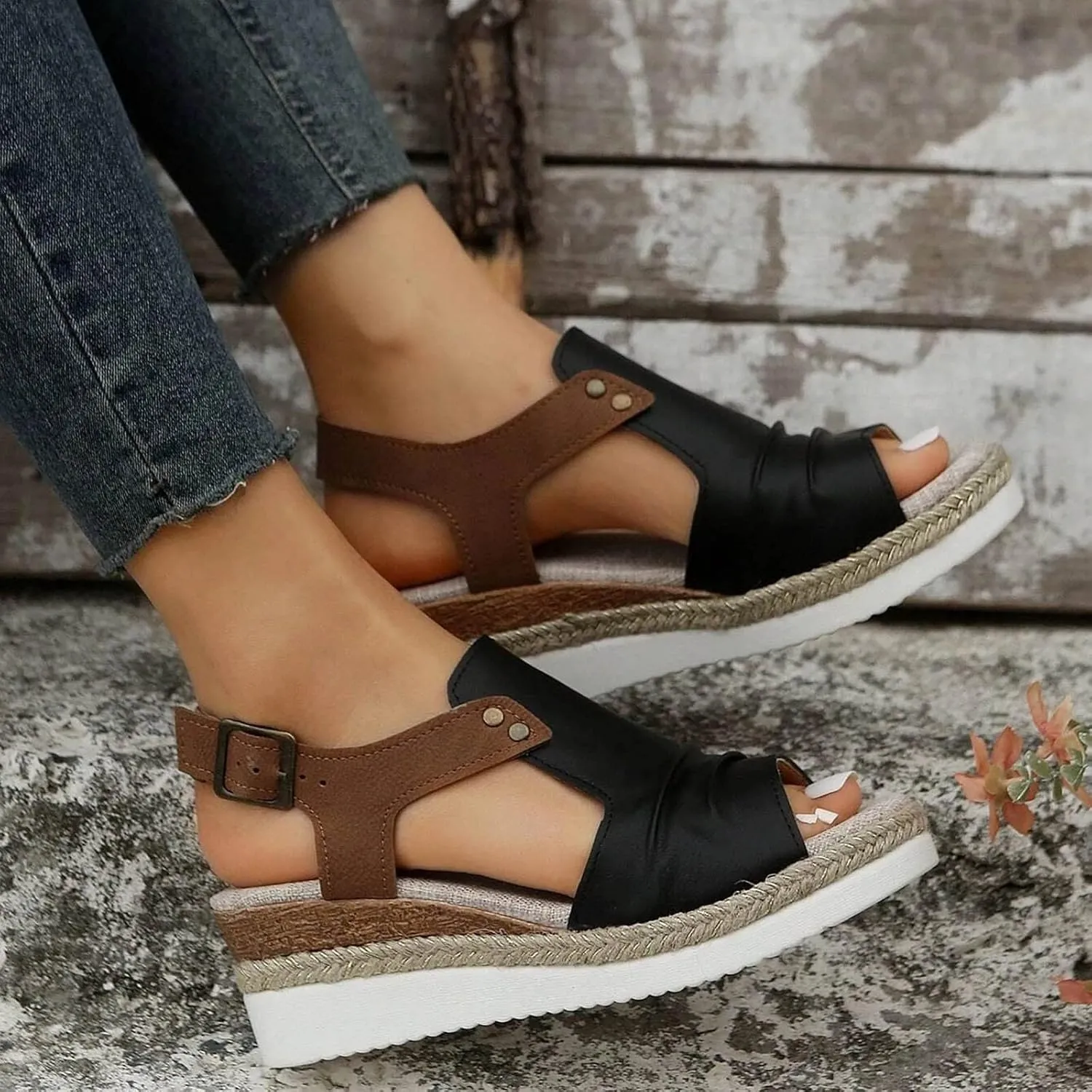 Cathalem Sandals Women Orthopedic Flat Open Toe Ankle Strap Espadrilles Sandals Casual Strappy Slip on Sandals Boho Sandals