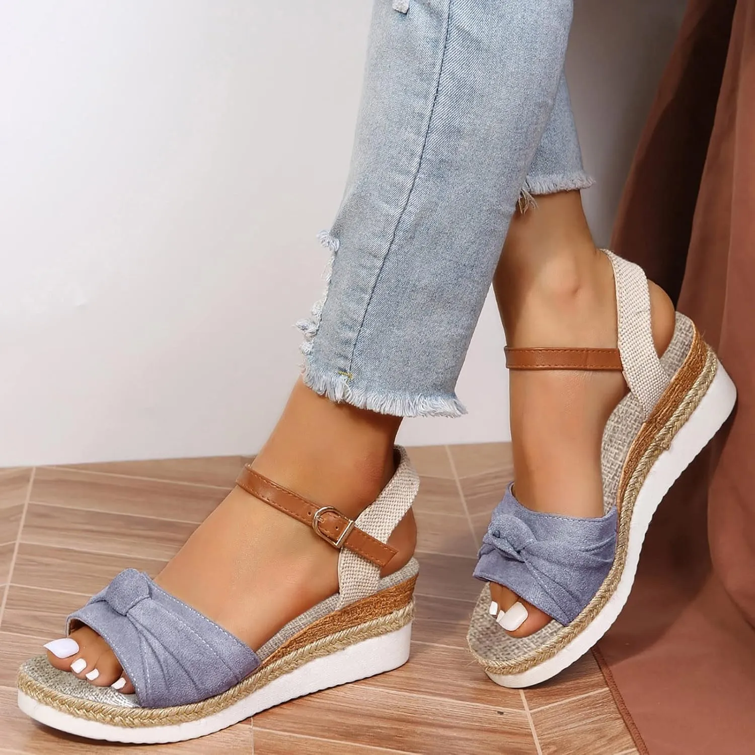 Cathalem Summer Sandals for Women 2024,Summer Platform Cork Wedges Espadrille Heel Strappy Leather Arch Support Sandals
