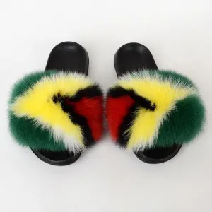 Chicvane Color Block Pure Sheep Wool Open Toe Fluffy Flat Sleeper Slides For Women
