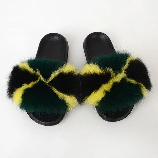 Chicvane Color Block Pure Sheep Wool Open Toe Fluffy Flat Sleeper Slides For Women