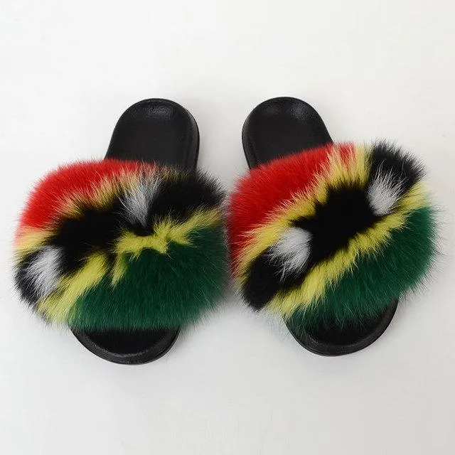 Chicvane Color Block Pure Sheep Wool Open Toe Fluffy Flat Sleeper Slides For Women