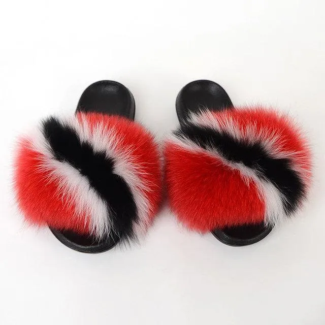 Chicvane Color Block Pure Sheep Wool Open Toe Fluffy Flat Sleeper Slides For Women